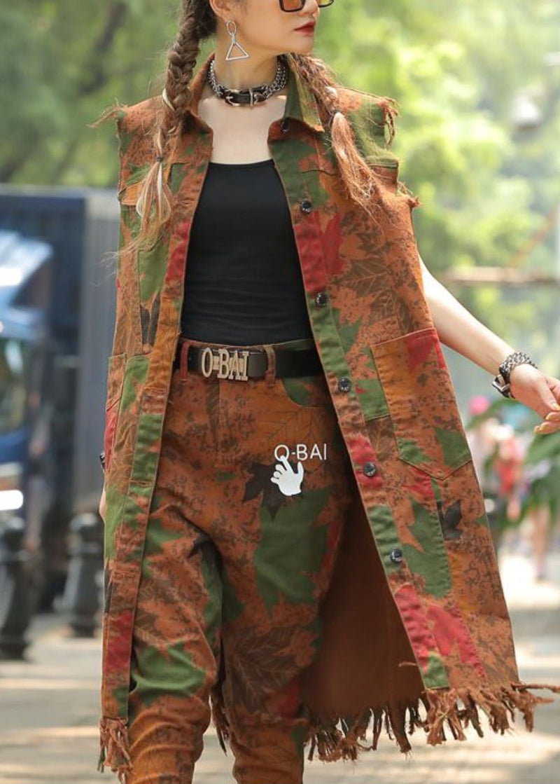 Army Green Peter Pan Collar Print Pockets Tassel Waistcoat Fall