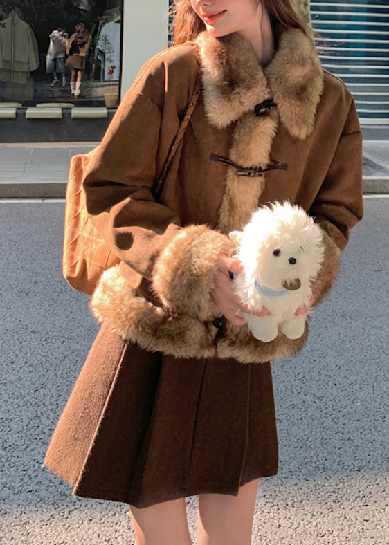 Brown Oversized Patchwork Faux Suede Coat Winter