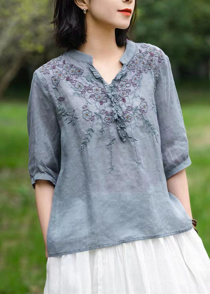 Unique Blue V Neck Embroideried Patchwork Linen T Shirts Half Sleeve