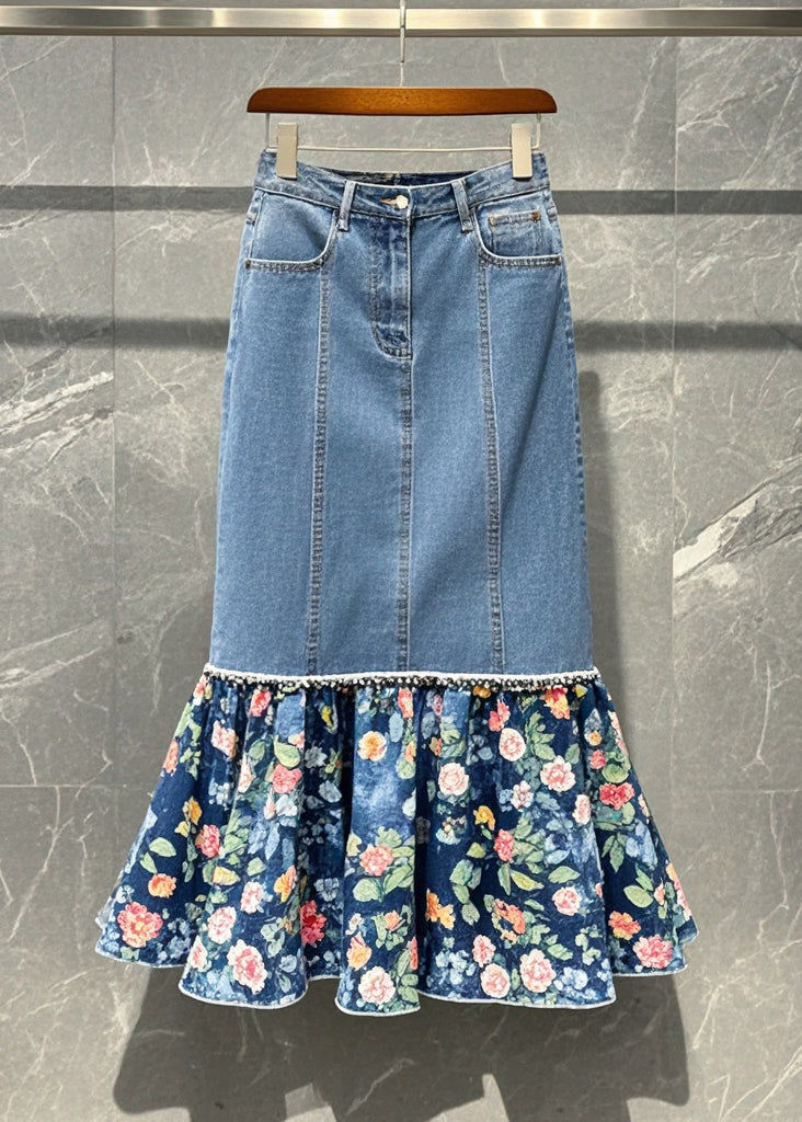 Blue Patchwork Print Denim Wraped Skirt Spring