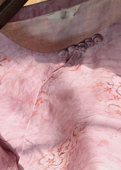 Organic Pink Print Blouses for O Neck Chinese Button Daily Tops