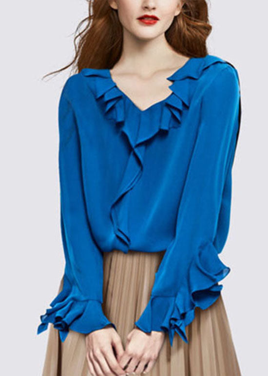 Blue V Neck Ruffled Chiffon Shirt Top Long Sleeve