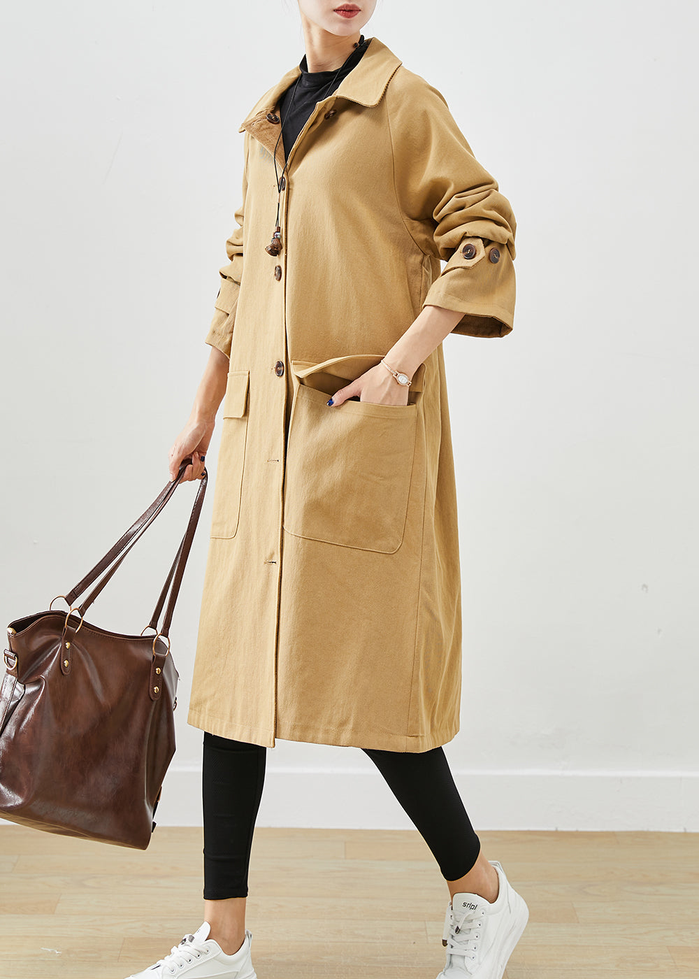 Boutique Coffee Oversized Wear on Both Sides Corduroy Trench Coat Fall