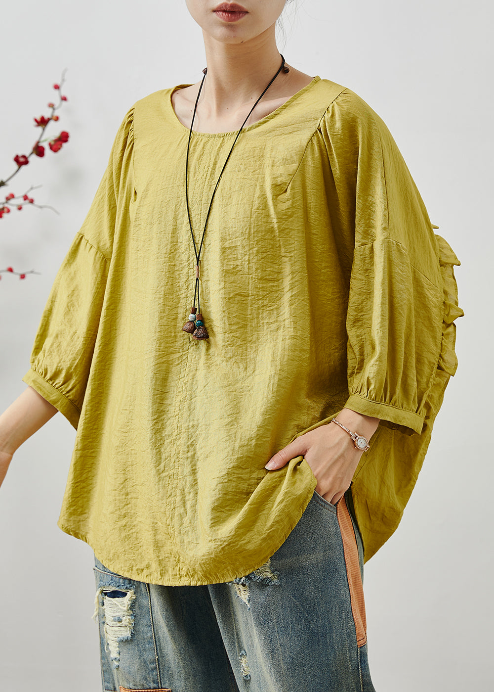Grass Green Ruffled Cotton Shirts Summer
