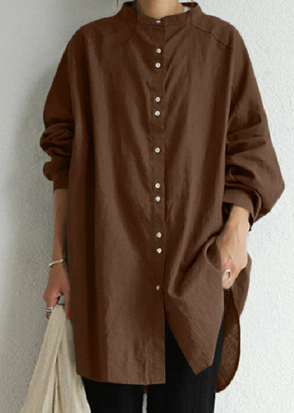 Green Stand Collar Patchwork Cotton Shirt Tops Spring