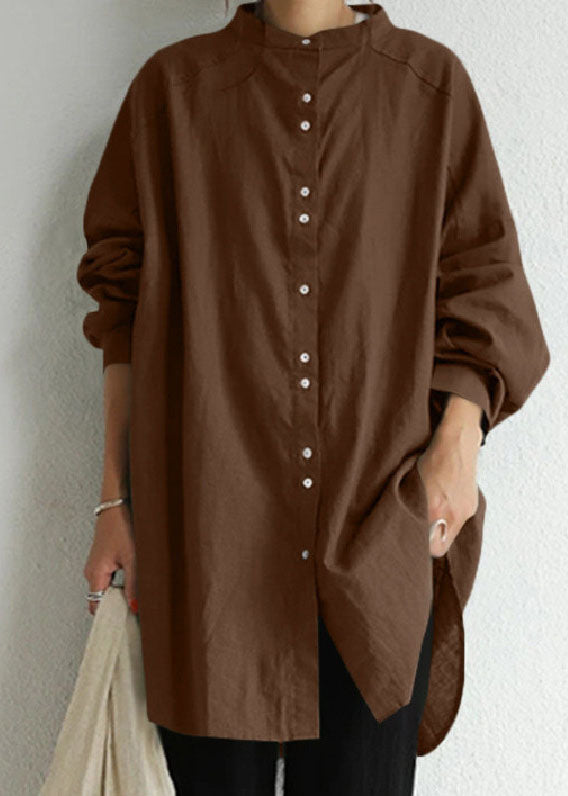 Green Stand Collar Patchwork Cotton Shirt Tops Spring