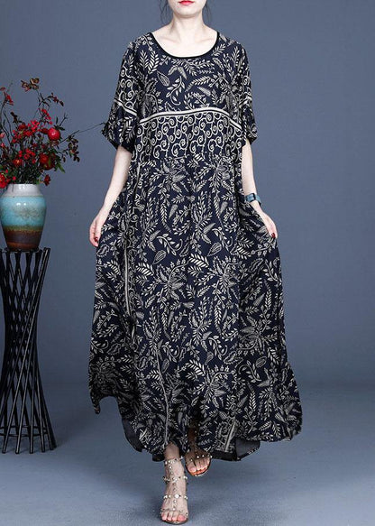 Black O-neck Summer Silk Blended Maxi Dresses
