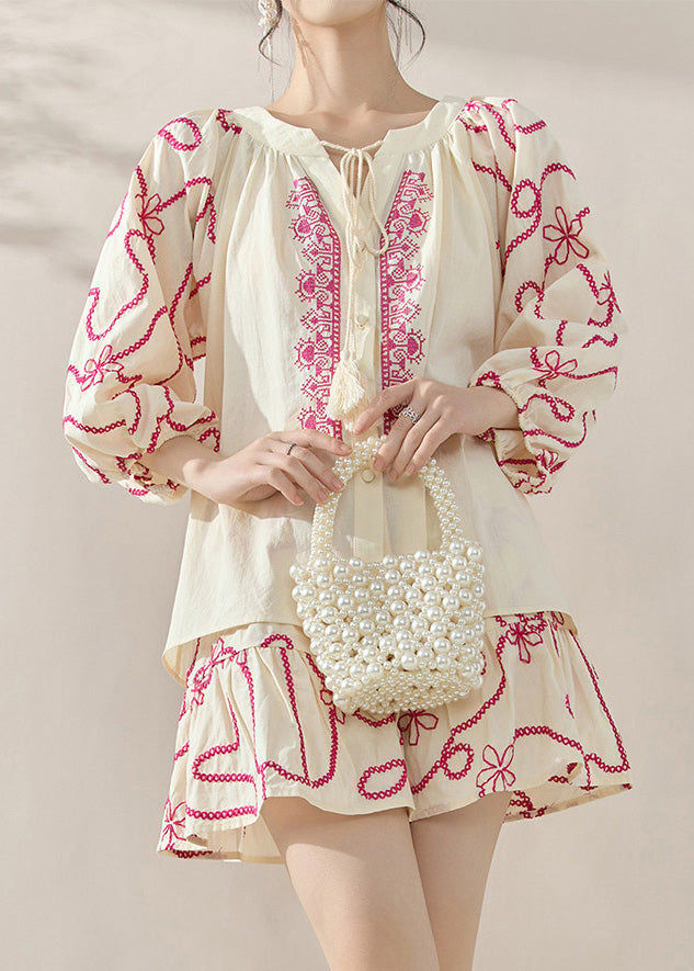 Natural Apricot O-neck Embroidered Top and Skirts Two-piece Set Fall