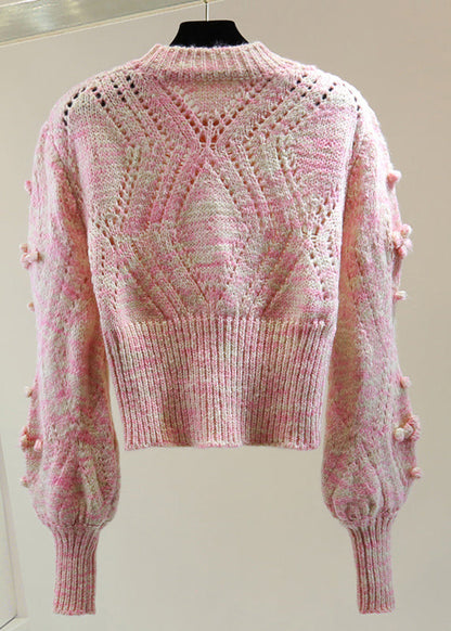 Pink Embroidered Hollow Out Cotton Knit Sweater Winter