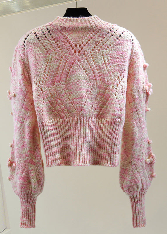 Pink Embroidered Hollow Out Cotton Knit Sweater Winter