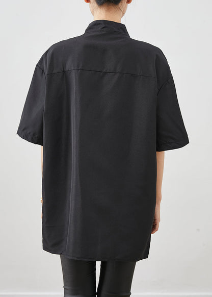 Black Oversized Chinese Style Cotton Shirt Short Sleeve