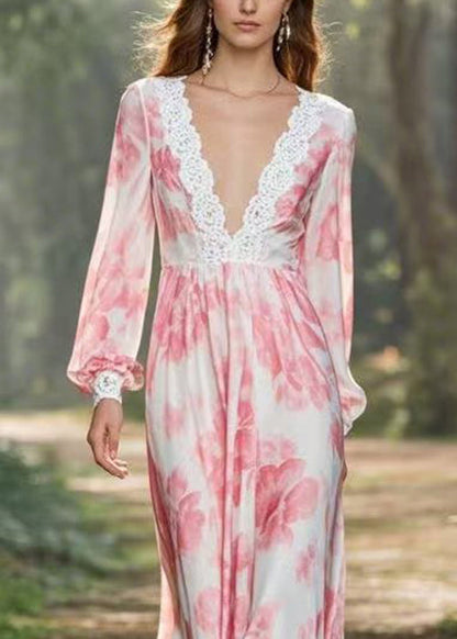 Pink V Neck Print Chiffon Long Dresses Spring