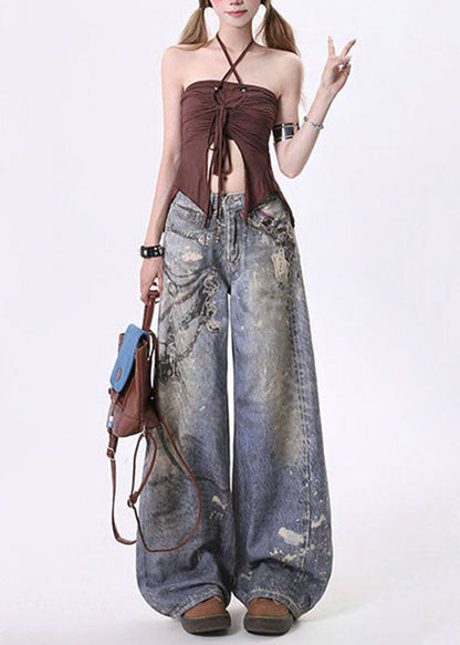 Blue Pockets Chain Print Denim Straight Pants Spring