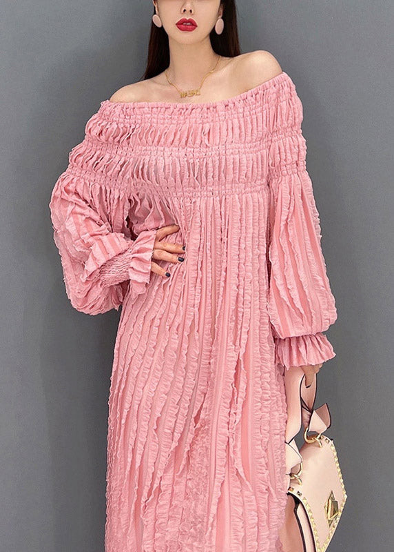 Pink Long Dresses Slash Neck Wrinkled Long Sleeve