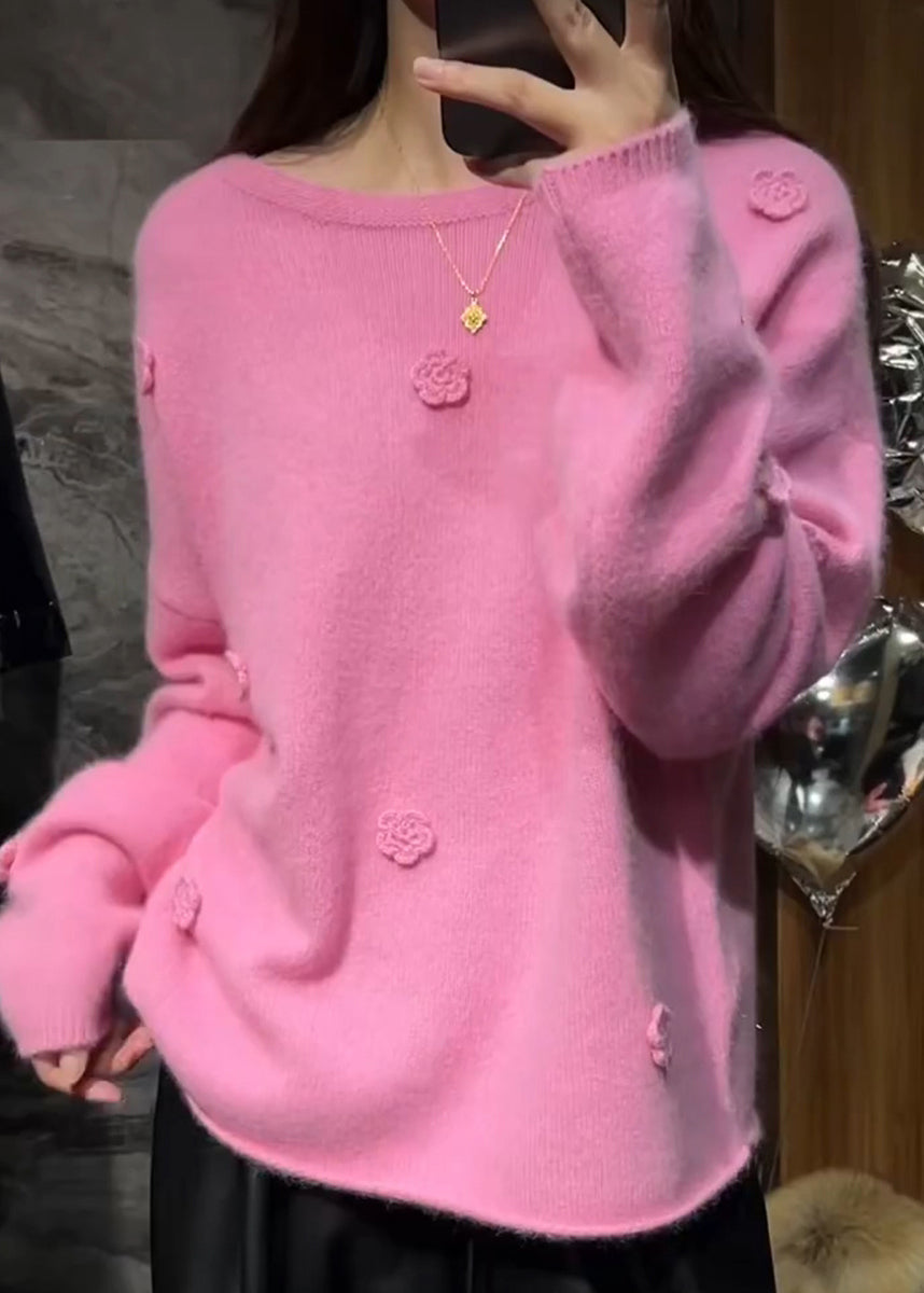 Pink Thick Cotton Knit Sweaters Long Sleeve