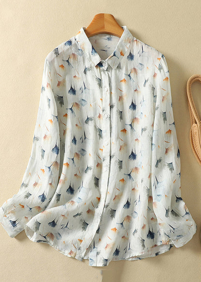 Unique Light Yellow Oversized Print Linen Shirt Tops Spring