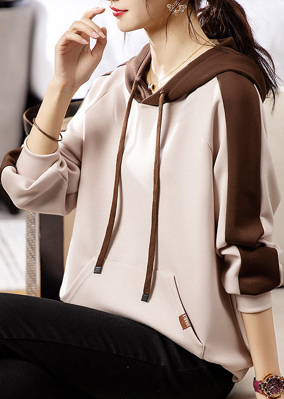 Apricot Hooded Pockets Patchwork Cotton Sweatshirt Fall