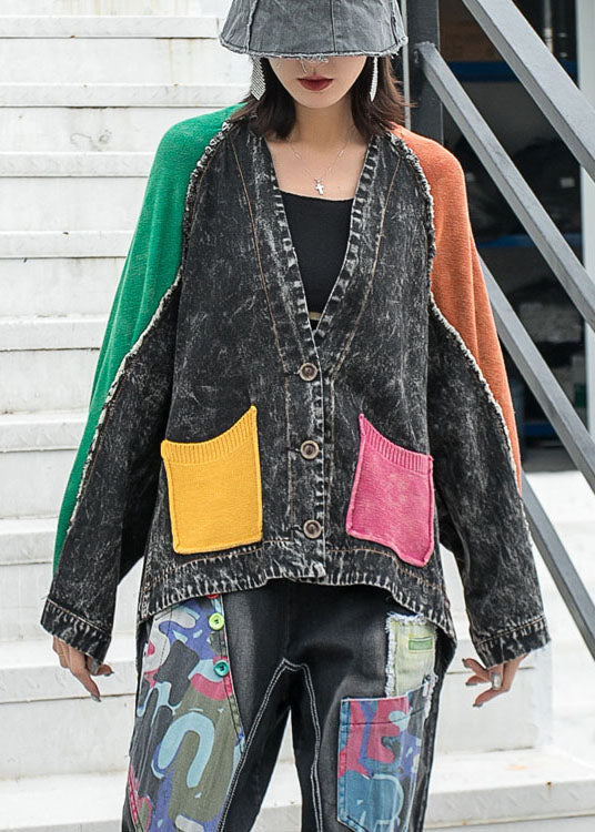 Loose Denim Patchwork Knit V Neck Pockets Button Fall Jacket Long Sleeve