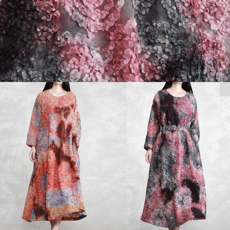 Loose Purple Print Clothes O Neck Tie Waist Art Spring Dress