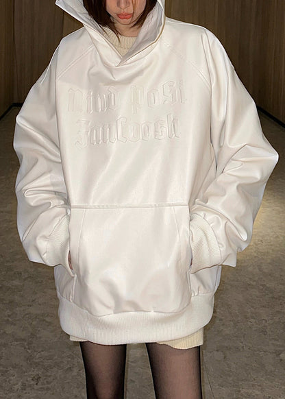 Black Hooded Pockets Faux Leather Neutral Sweatshirt Long Sleeve