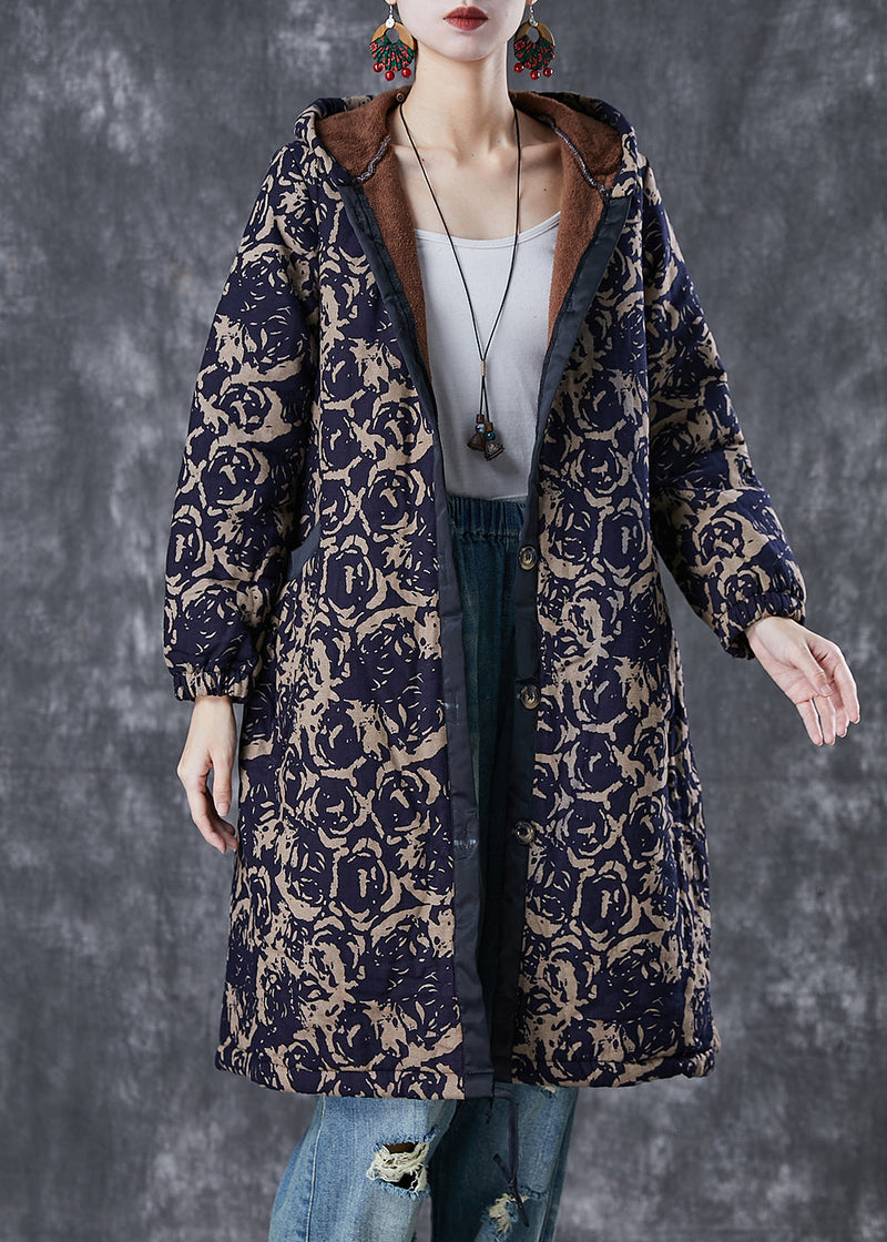 Diy Navy Hooded Print Warm Fleece Coats Winter