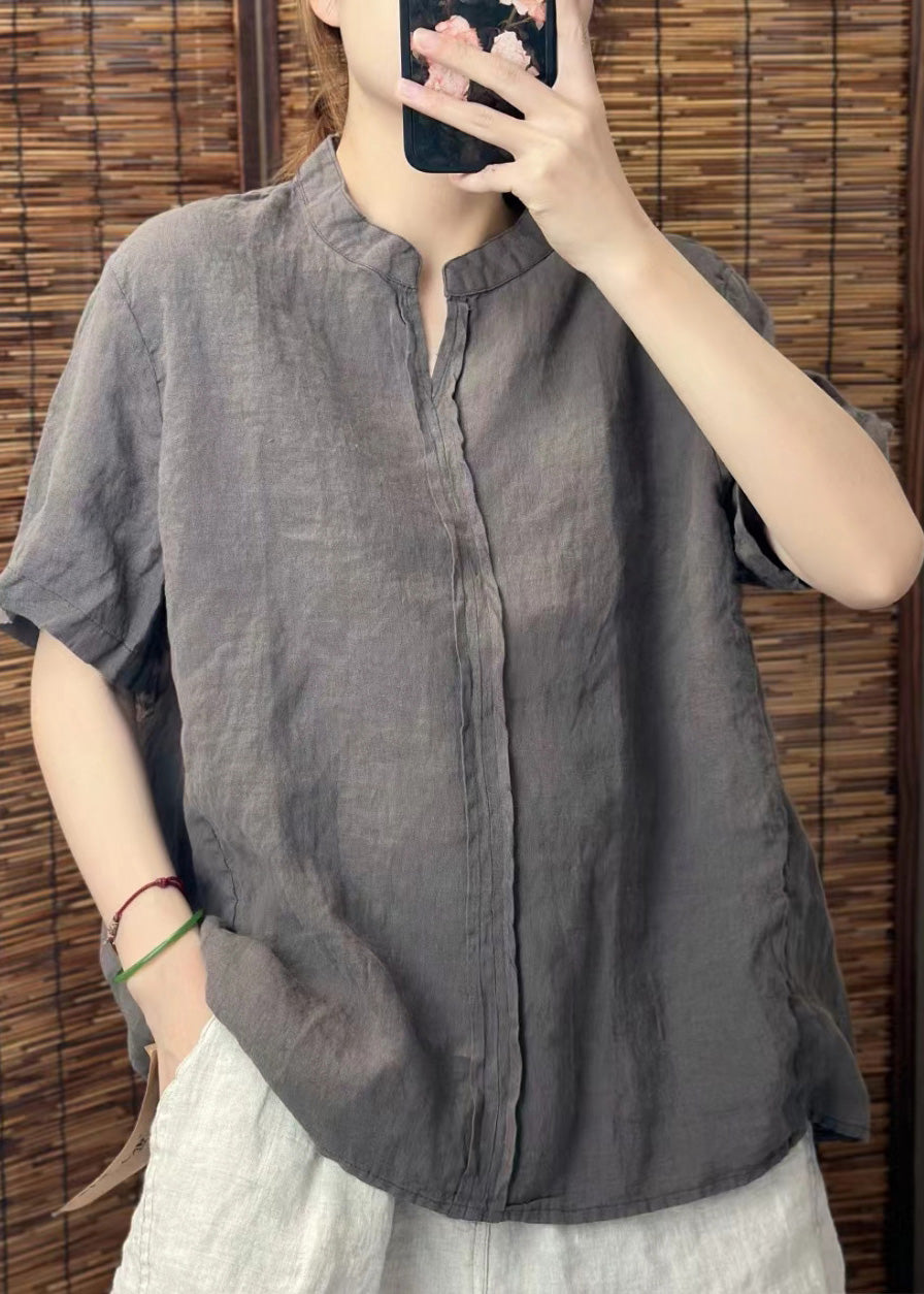 Yellow V Neck Patchwork Linen Shirts Summer