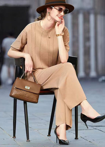 Khaki O Neck Tops and Pants Knit Two Pieces Set Spring