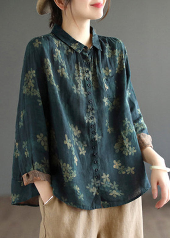 Dark Blue Peter Pan Collar Print Linen Shirt Long Sleeve