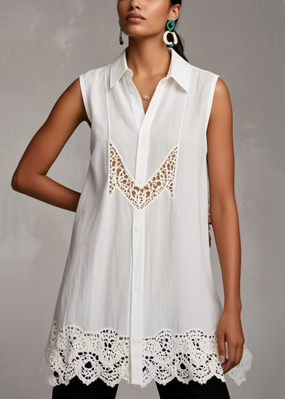 White Hollow Out Patchwork Lace Shirts Sleeveless