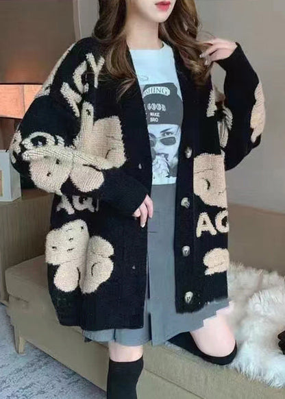Black Animal Letter Button Cotton Knit Coat Long Sleeve