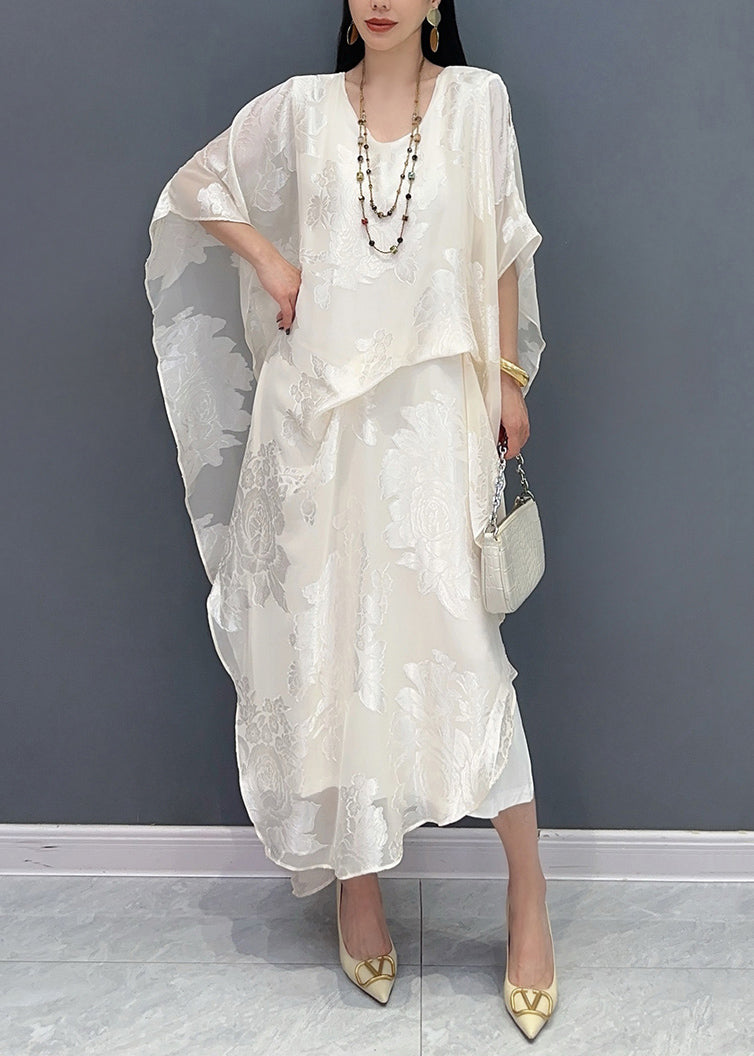 Jacquard White O-neck Silk Long Dress Summer