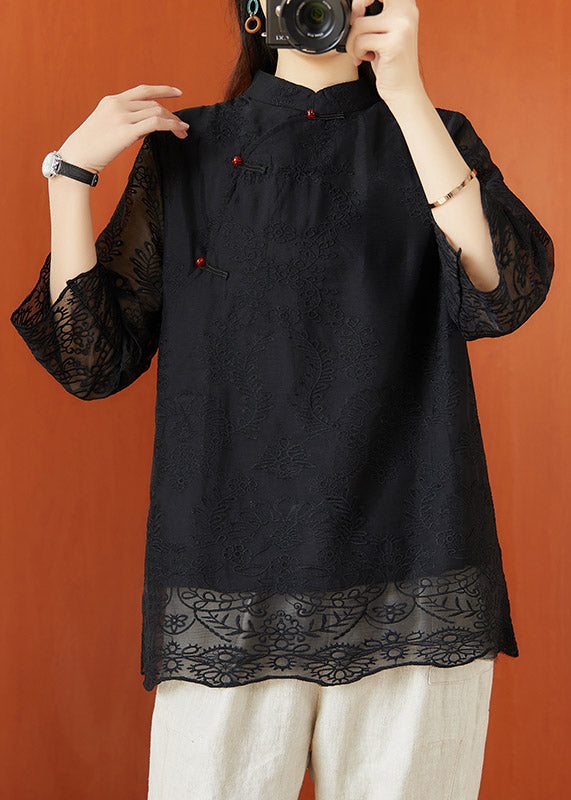Black Stand Collar Embroideried Hollow Out Tops Half Sleeve