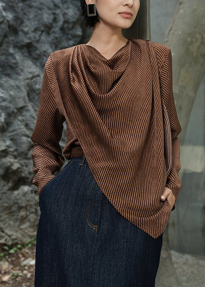 Original Design Brown O-neck Striped Cotton Blouse Fall
