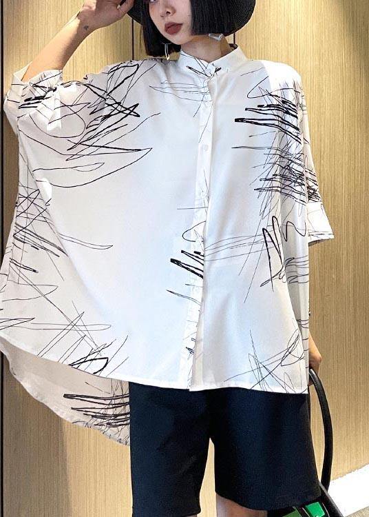 White Print Button Low High Design Cotton Blouses Fall