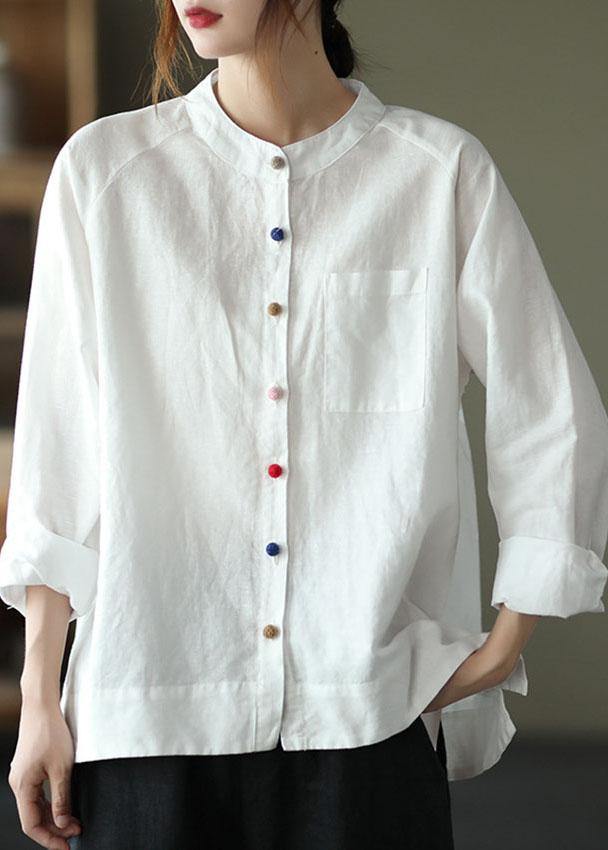 Modern White-purple Flower Loose Patchwork Pockets Spring Long Sleeve Blouse Top