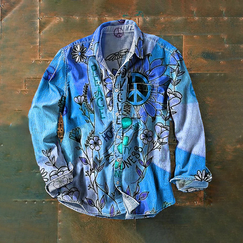 Men's Vintage Peace And Love Daisy Art Print Linen Lapel Long Sleeve Shirt artswardrobe