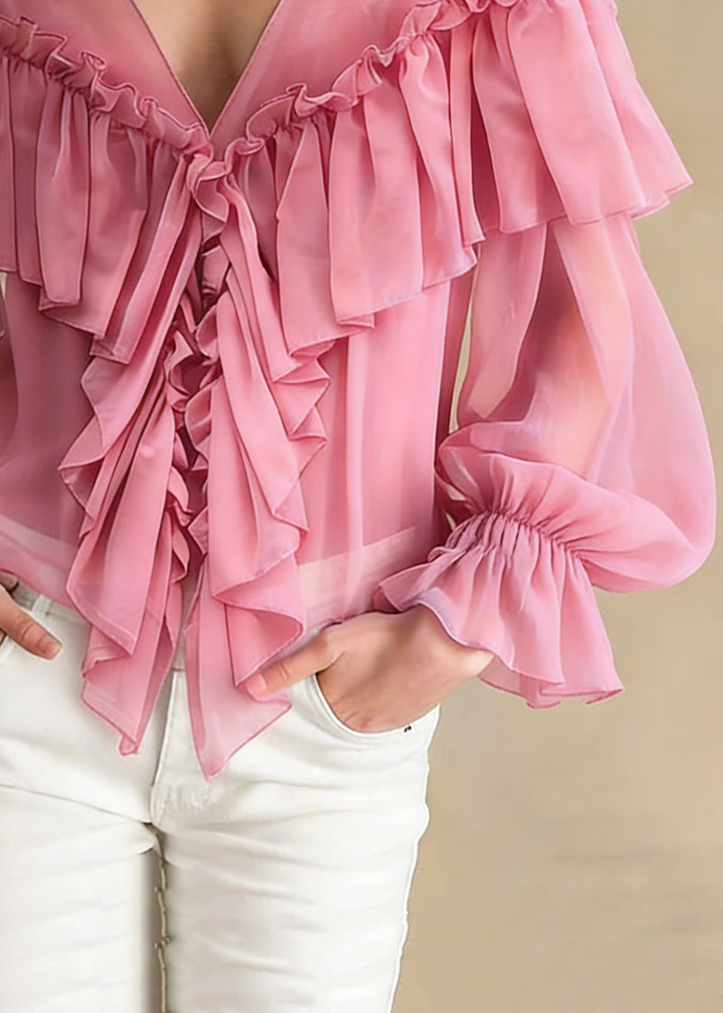 Stylish Pink V Neck Ruffled Chiffon Shirts Spring
