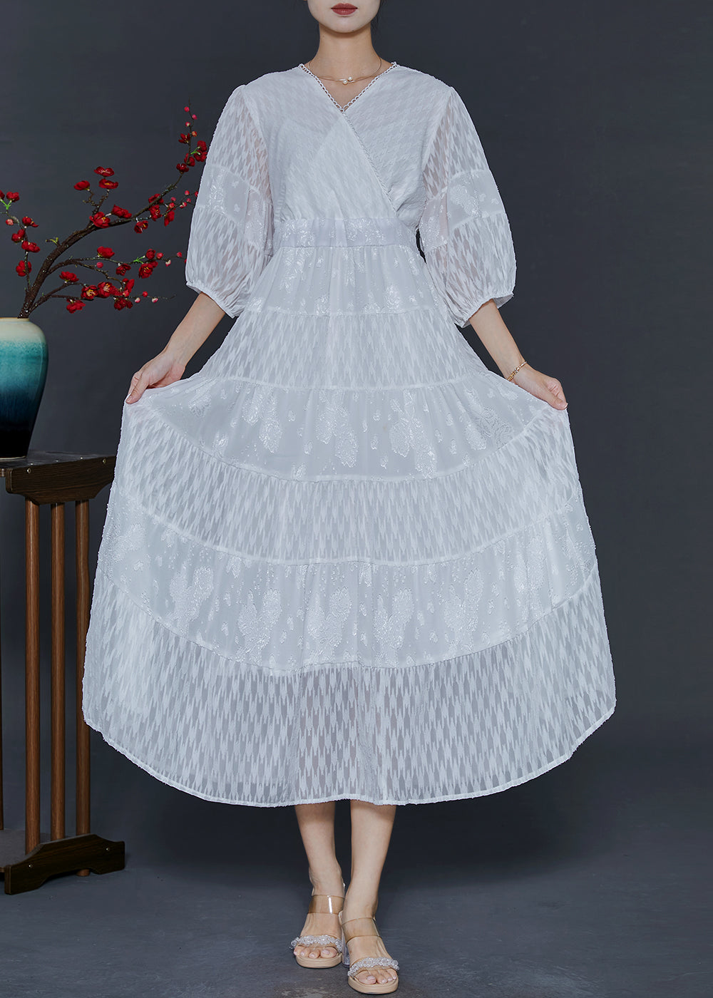 White V Neck Patchwork Chiffon Vacation Dresses Summer