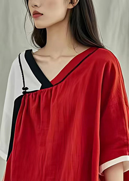 Red V Neck Lace Up Linen T Shirt Half Sleeve