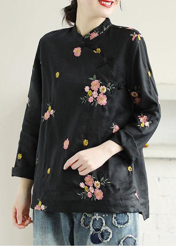 Black Embroideried Stand Collar Button Fall Long Sleeve Shirt
