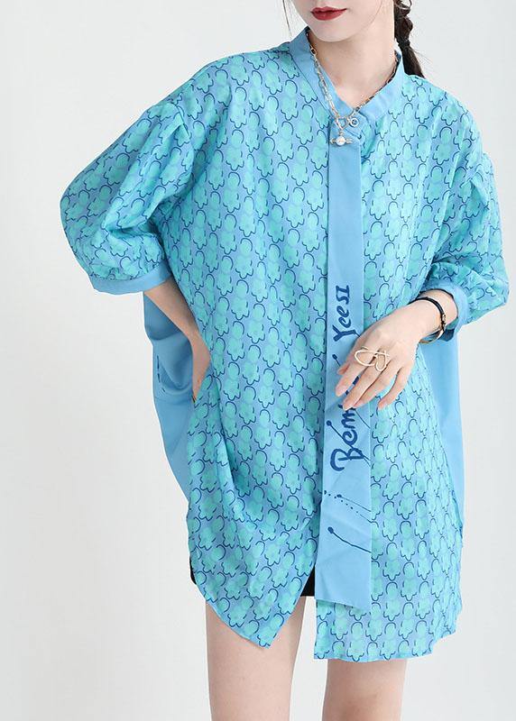 Fine Blue Print Stand Collar Asymmetrical Design Half Sleeve Top