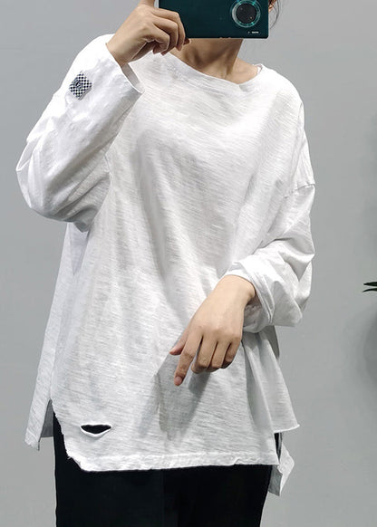 Modern White O-neck Hole Patchwork Cotton Top Long Sleeve