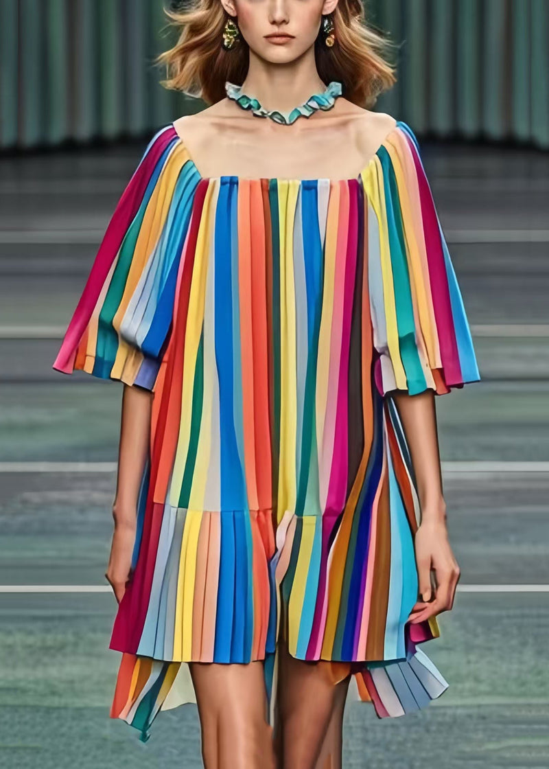 Rainbow Square Colla Striped Chiffon Tea Dress Summer
