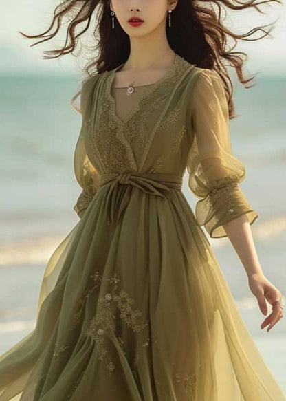 New Green Lace Chiffon Dress Bracelet Sleeve Summer