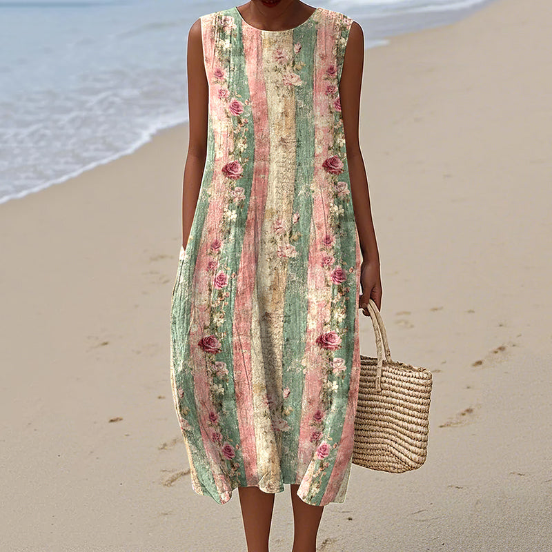 Vintage Floral Stripe Art Linen Tank Dress artswardrobe