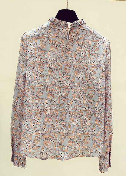Stand Collarc Ruffled Print Chiffon Shirts Spring