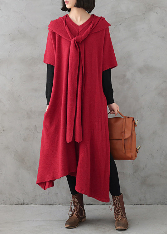 Red V Neck Side Open Cashmere Knit Holiday Sweater Dress Fall