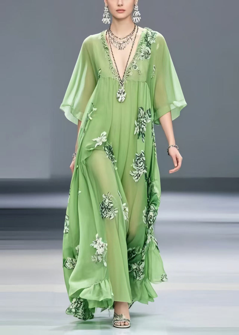 Light Green Print Chiffon Maxi Dress Exra Large Hem Summer