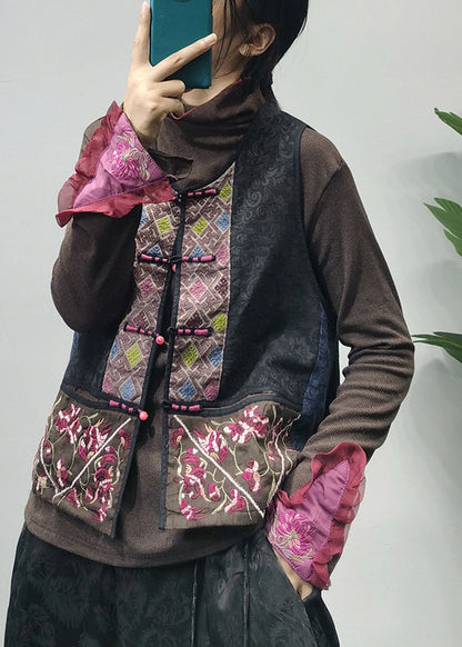 Style Black O-neck Embroideried Patchwork Vest Spring