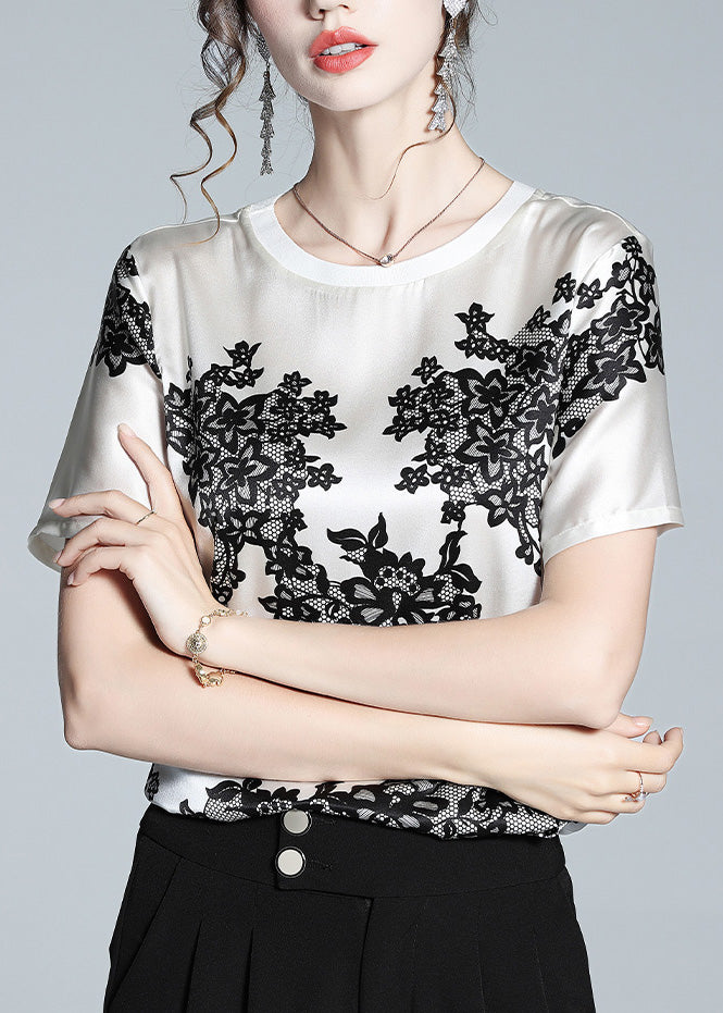 White O-neck Print T Shirt Short Sleeve